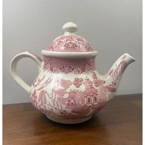 Churchill Pink/Red Willow Teapot Ceramic Transferware Made in England 5 Cup pot